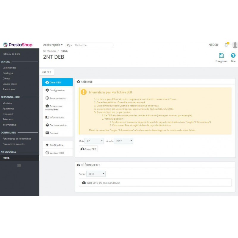 Le module Prestashop NtDeb génère vos fichiers d'échange de biens (DEB) pour ProDouane