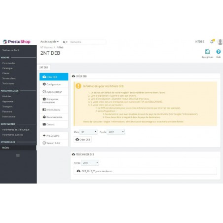 Le module Prestashop NtDeb génère vos fichiers d'échange de biens (DEB) pour ProDouane