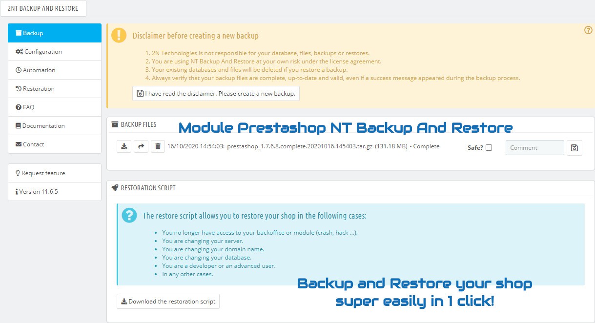 Module Prestashop NT Backup And Restore : Backup and restore your shop super easily in 1 click !